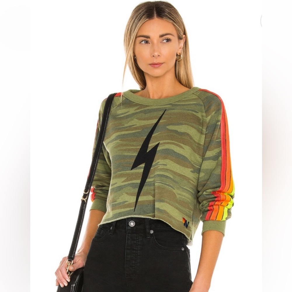 AVIATOR NATION Cropped Camo Bolt Crewneck Sweatshirt